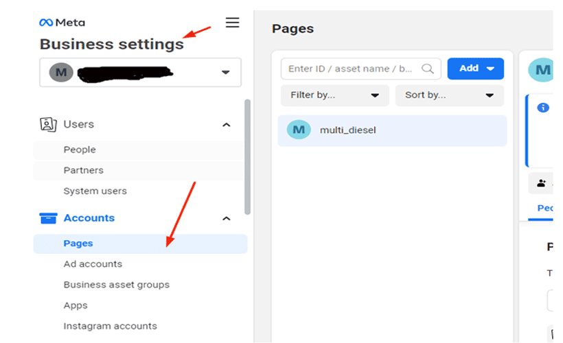 Click on Business Settings in Pages