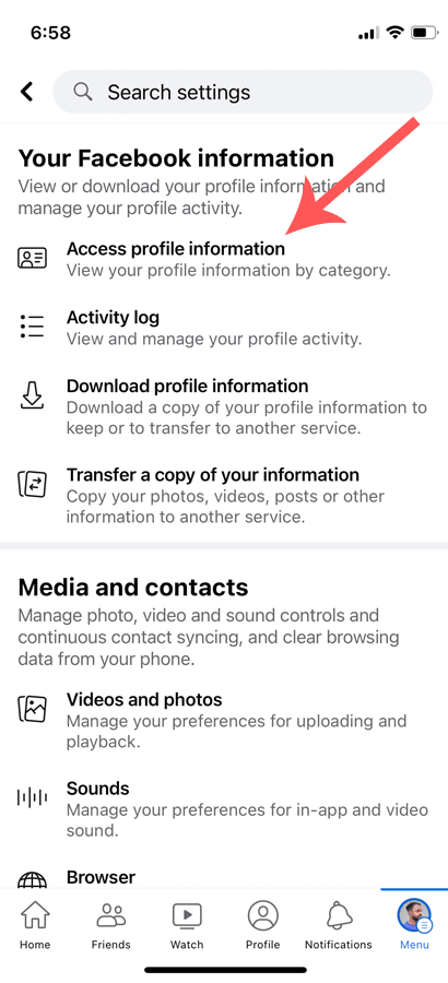 Tap on Your Facebook Information